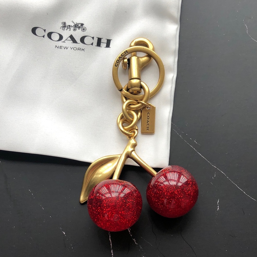 Coach Gold-Tone Keychain with Red Glitter Cherry Charms